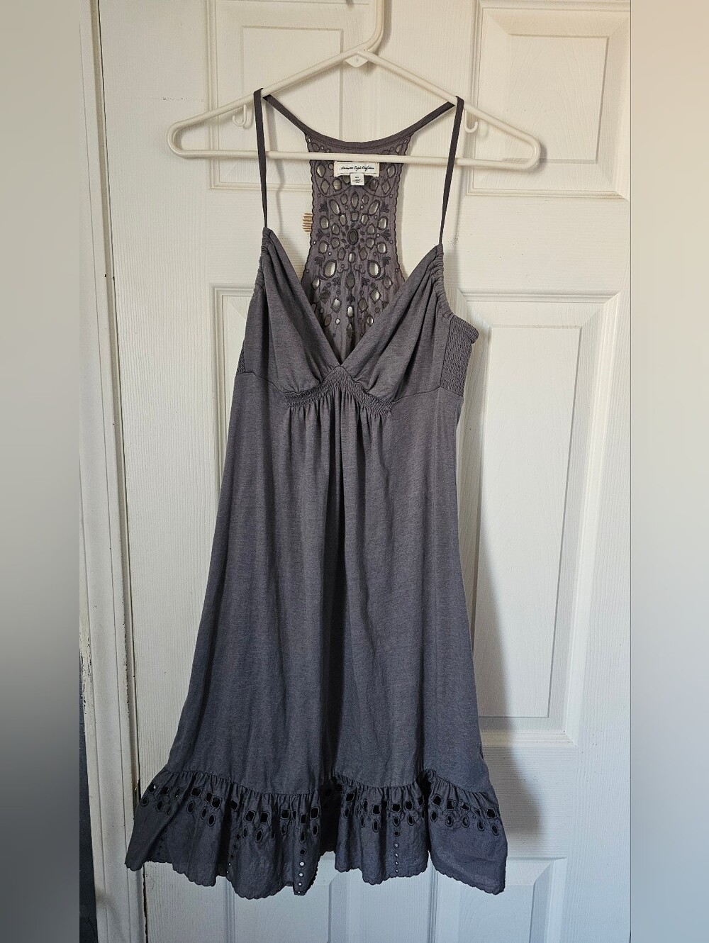 American Eagle Vintage Gray Boho Lace Racerback Babydoll Eyelet Mini Dress Sz S
